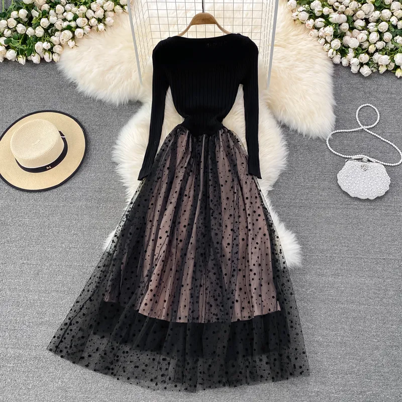 Autumn and Winter Knitted Lace Stitching Elegant Dress for Women 1417