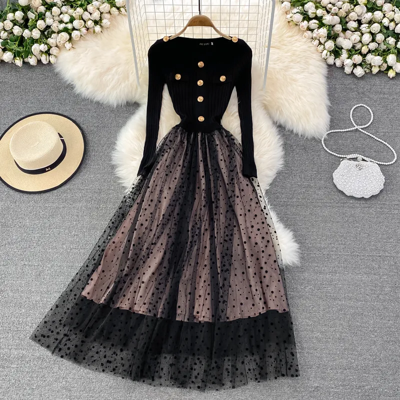 Autumn and Winter Knitted Lace Stitching Elegant Dress for Women 1417