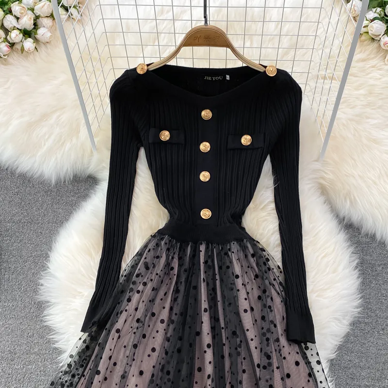 Autumn and Winter Knitted Lace Stitching Elegant Dress for Women 1417