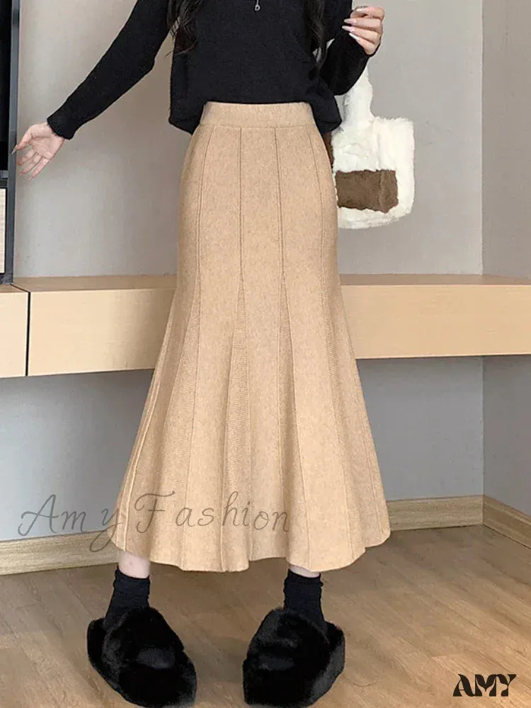 Autumn Winter Knitted Long Korean Fashion Temperament Elegant High Waist Solid Slim Black Fishtail Skirt