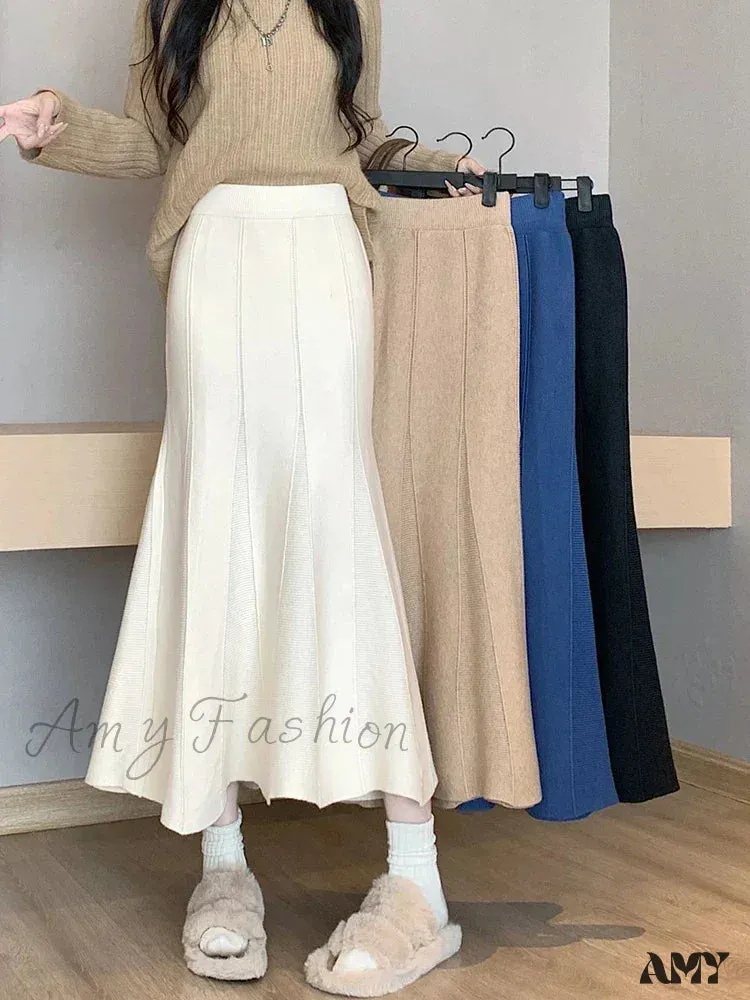 Autumn Winter Knitted Long Korean Fashion Temperament Elegant High Waist Solid Slim Black Fishtail Skirt