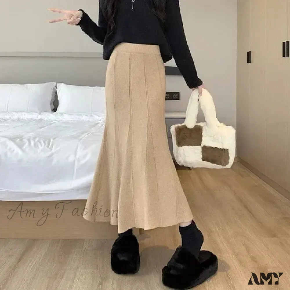 Autumn Winter Knitted Long Korean Fashion Temperament Elegant High Waist Solid Slim Black Fishtail Skirt