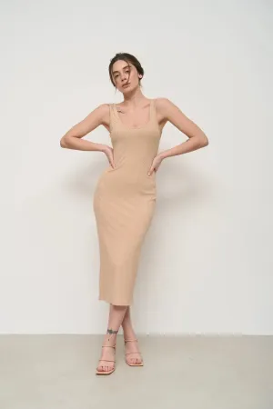 Beige Strech Knit Midi Dress