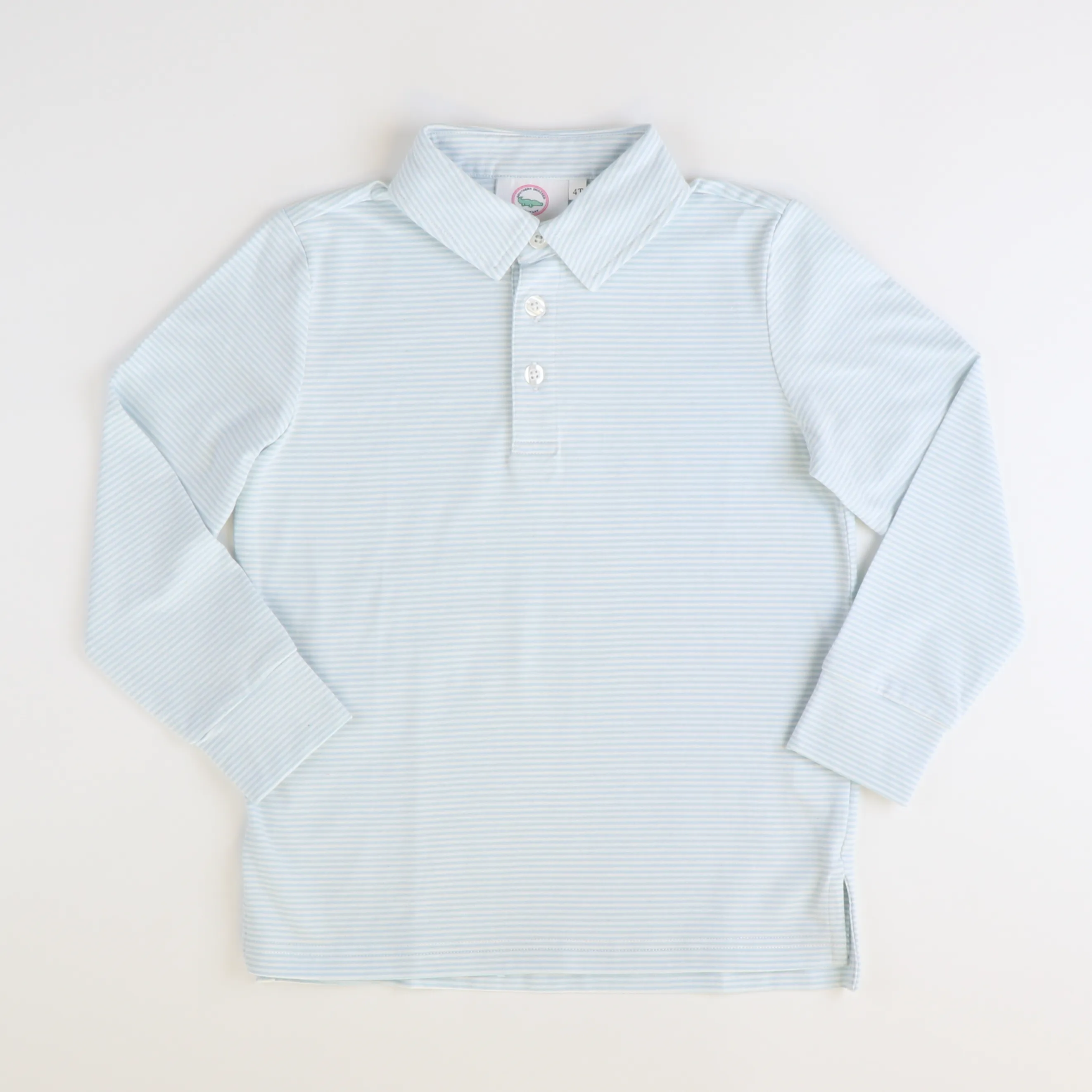 Boys Signature L/S Knit Polo - Light Blue & White Thin Stripe