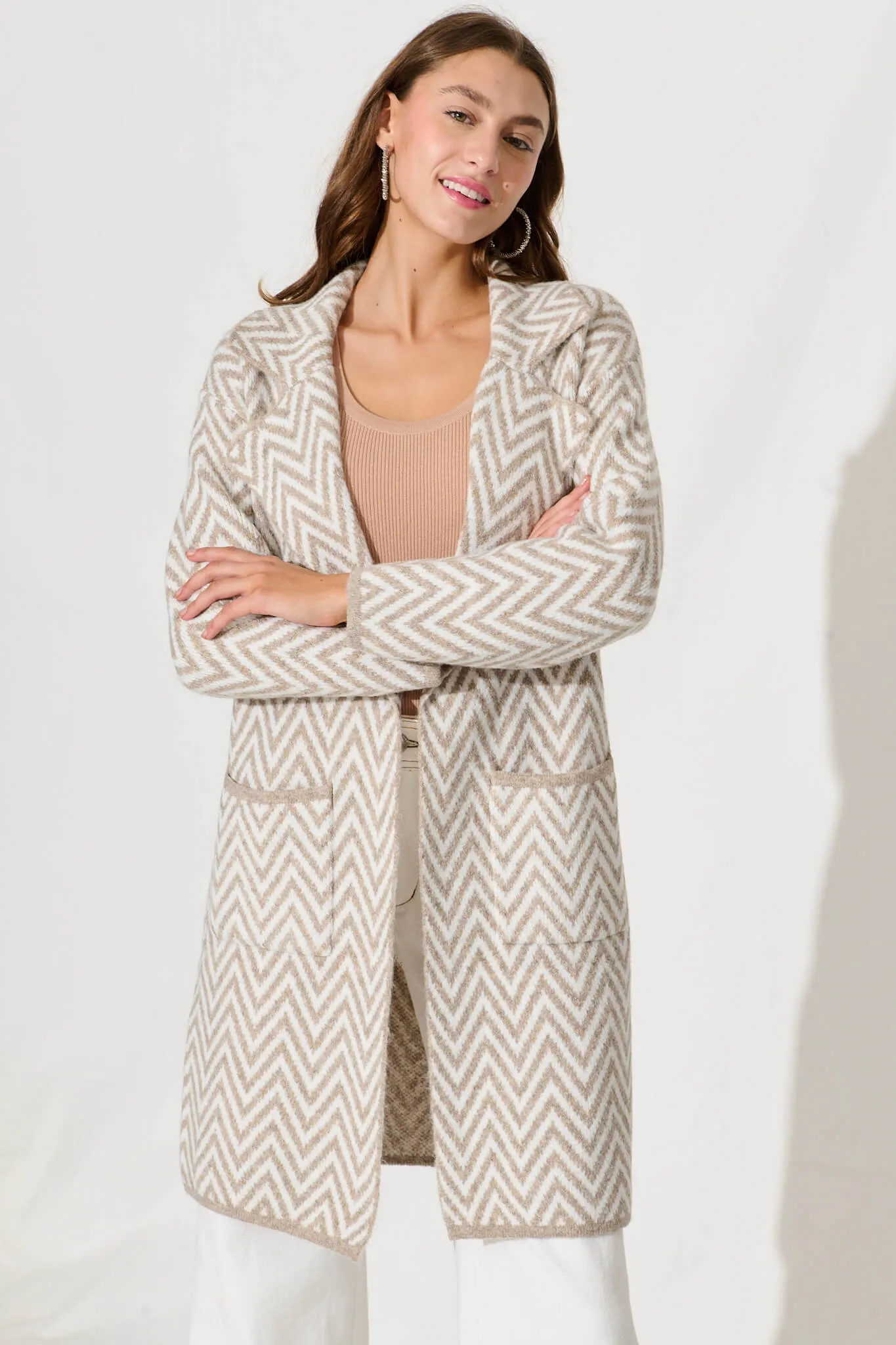 Collin Knit Coatigan In Beige Chevron Wool Blend