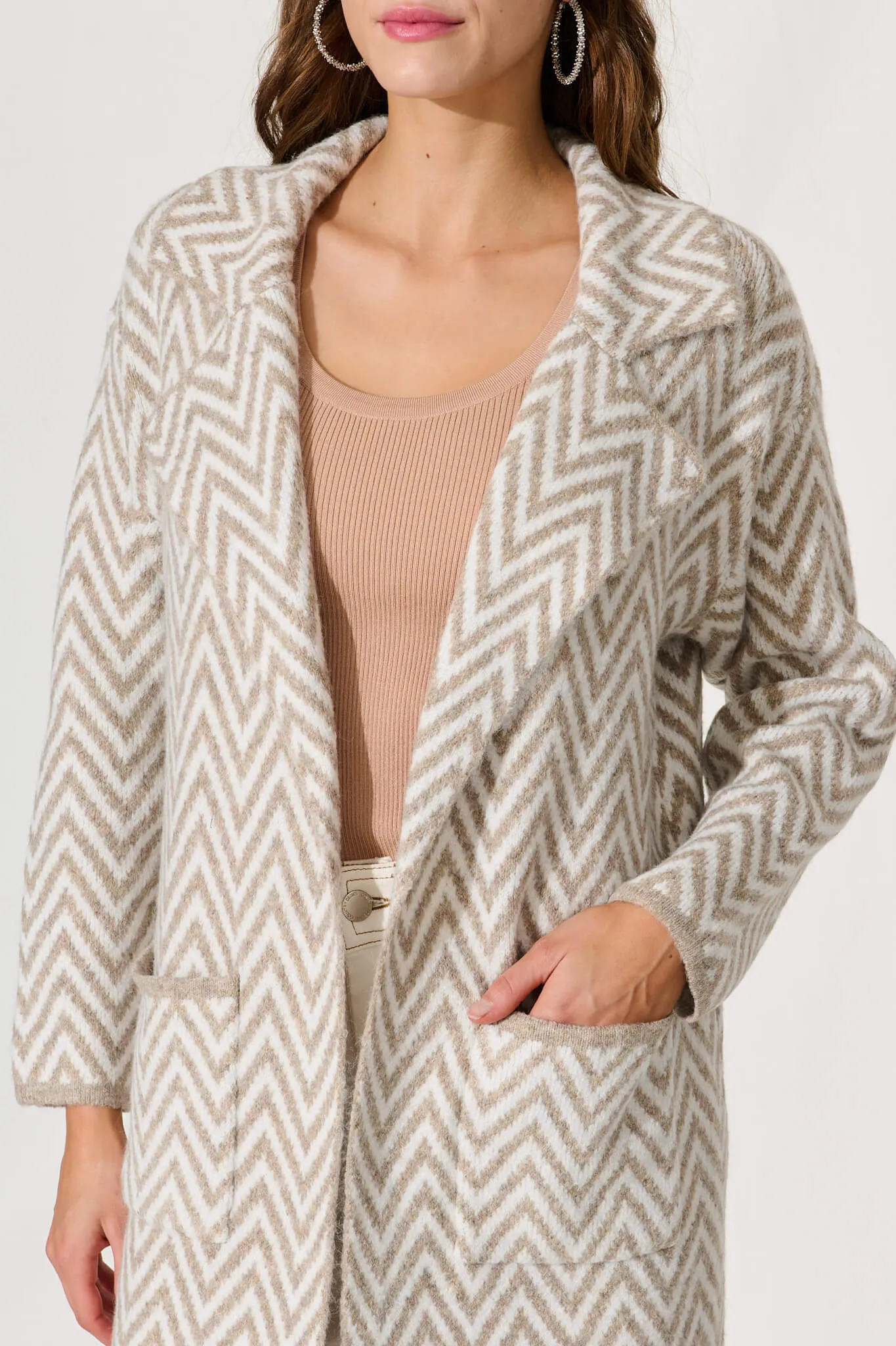 Collin Knit Coatigan In Beige Chevron Wool Blend