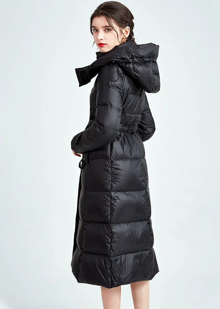 DIY Black Hooded Lengthen Duck Down Cinch Coats Winter