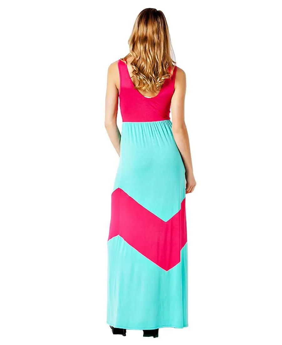 Elegant Colorblock Chevron Teal Fuchsia Racerback Maxi Dress