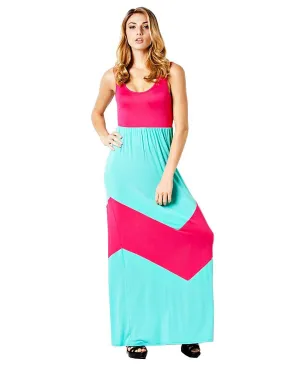 Elegant Colorblock Chevron Teal Fuchsia Racerback Maxi Dress