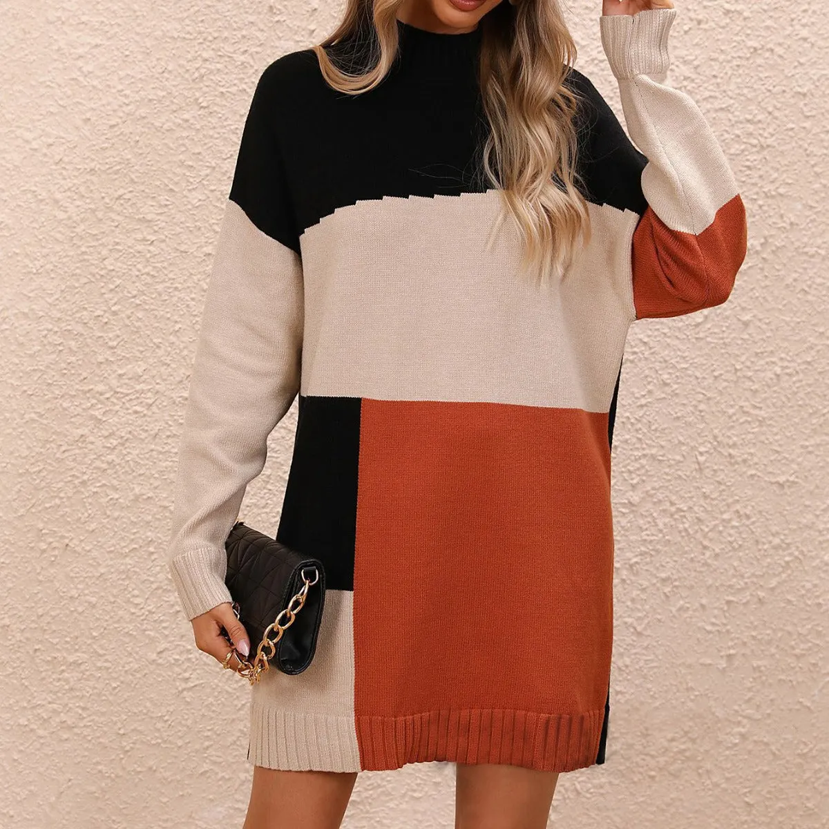 Elegant Colour Blocked Round Neck Knitted Long Dress Wholesale Dresses