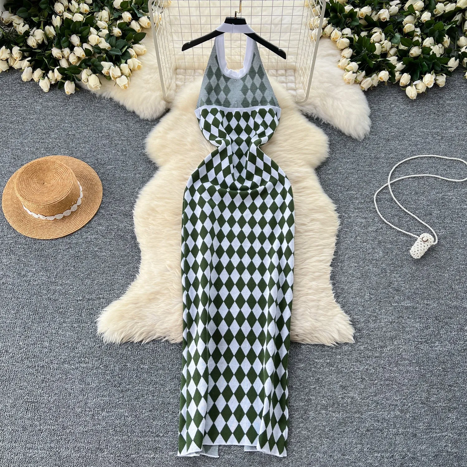 Elegant Lattice Knitted Halter Dress