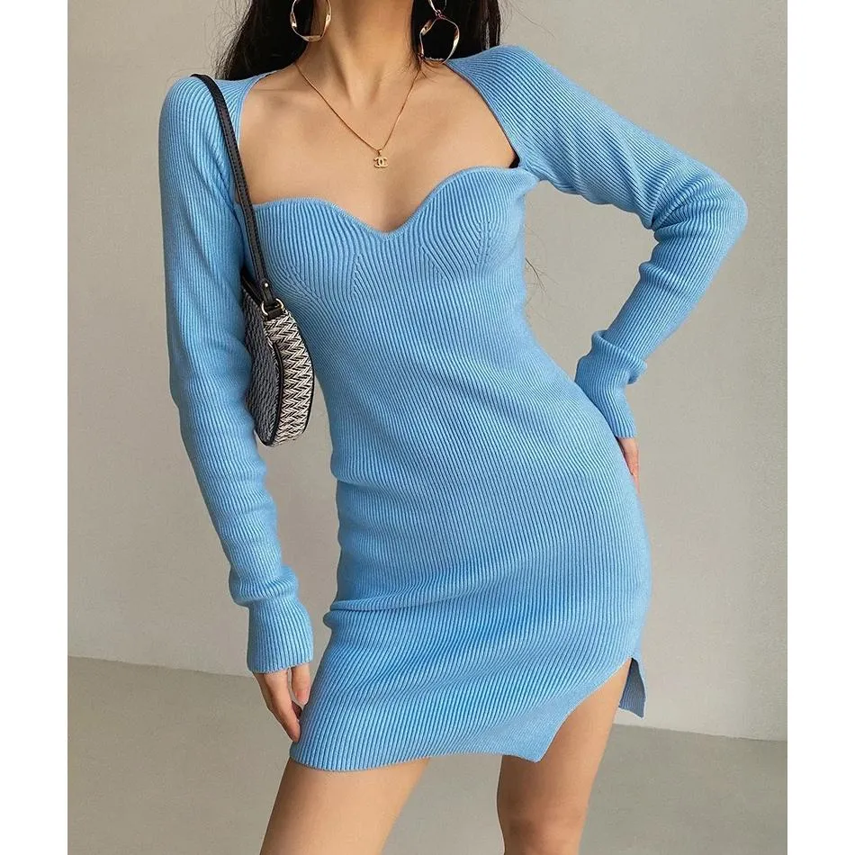 Elegant Square Neck Ribbed Knitted Dress