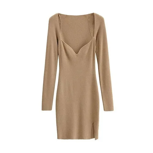 Elegant Square Neck Ribbed Knitted Dress