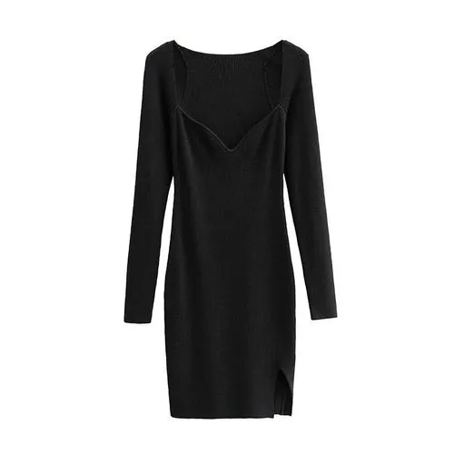 Elegant Square Neck Ribbed Knitted Dress