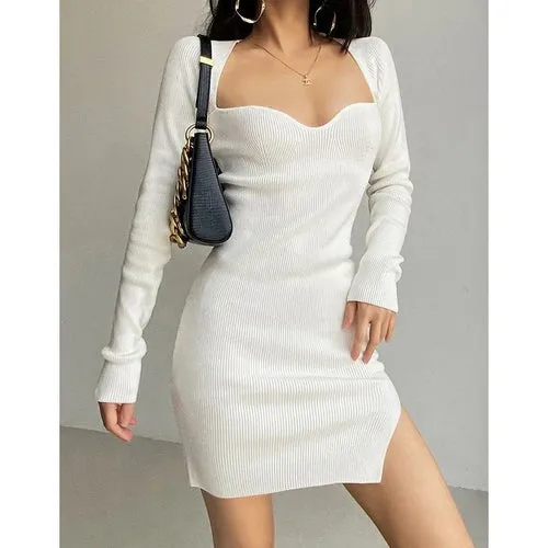 Elegant Square Neck Ribbed Knitted Dress