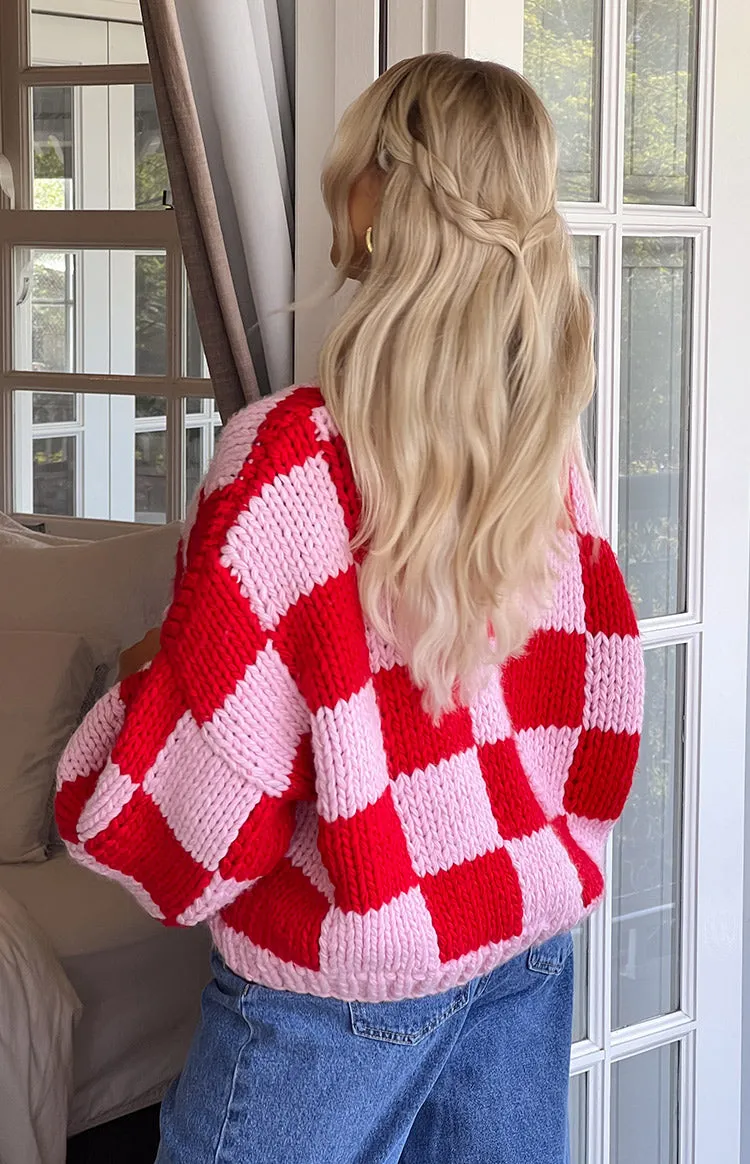 Envi Pink And Red Checkered Knit Cardigan