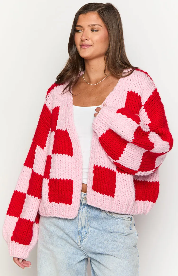 Envi Pink And Red Checkered Knit Cardigan