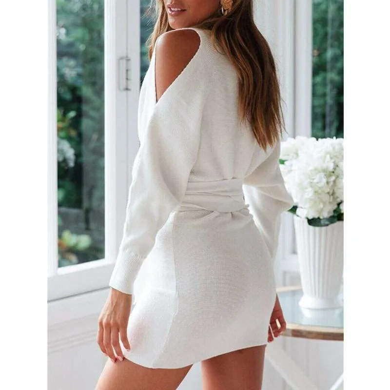 FashionSierra - New Women Ladies Knitted Dress Autumn Winter Cold Shoulder Long Sleeve Office Lady Fashion Bodycon Mini Dresses