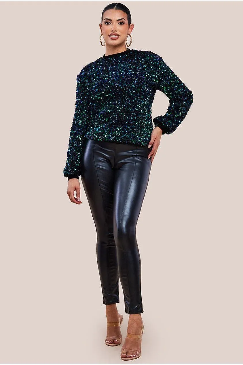 Goddiva Multi Sequin Velvet Jumper -  Emerald Green