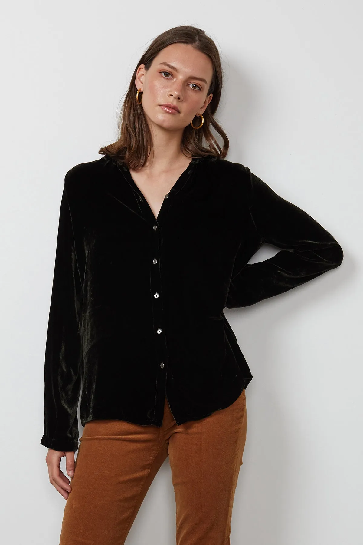 JENSINE SILK VELVET BUTTON-UP SHIRT