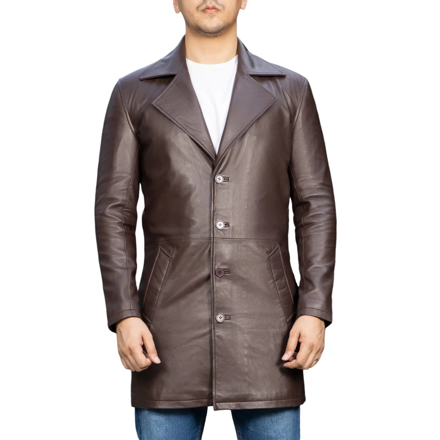 Jild Men's Classic Real Leather Trench Coat