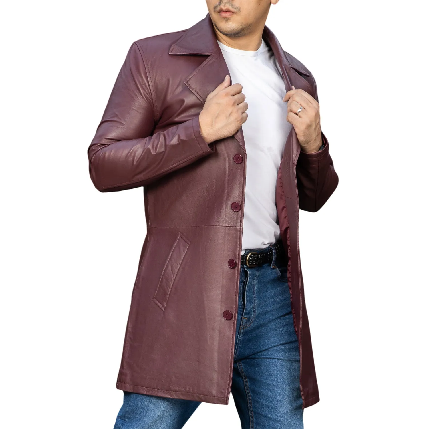 Jild Men's Classic Real Leather Trench Coat