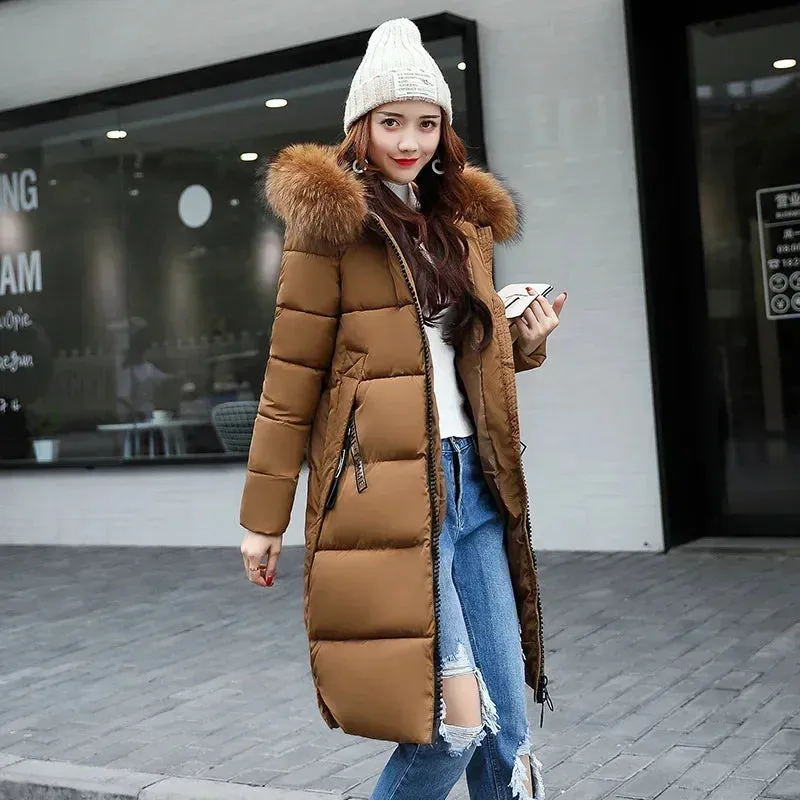 Kalino's Long Parkas Hooded Big Fur Collar Down Padded Coat