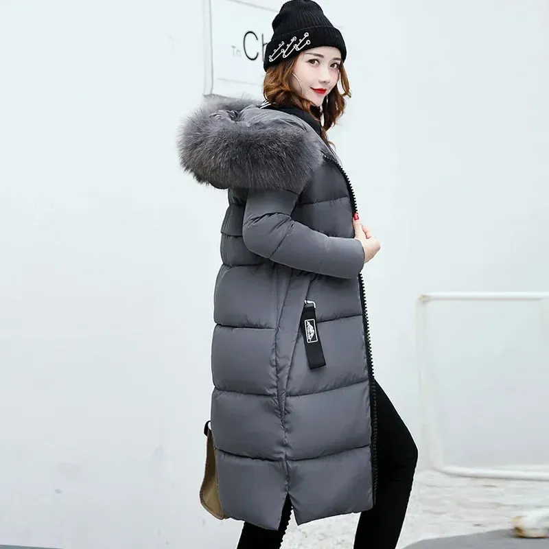 Kalino's Long Parkas Hooded Big Fur Collar Down Padded Coat