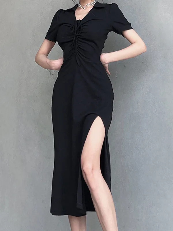 Lace Up Slit Knitted Black Maxi Dress