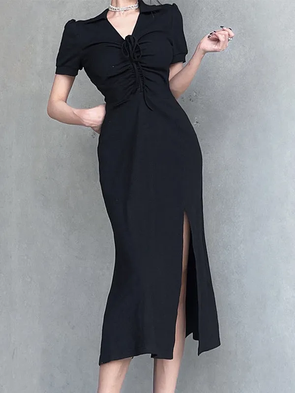 Lace Up Slit Knitted Black Maxi Dress