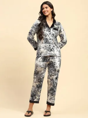 Marble Abstract Poly Blend Velvet Night Suit