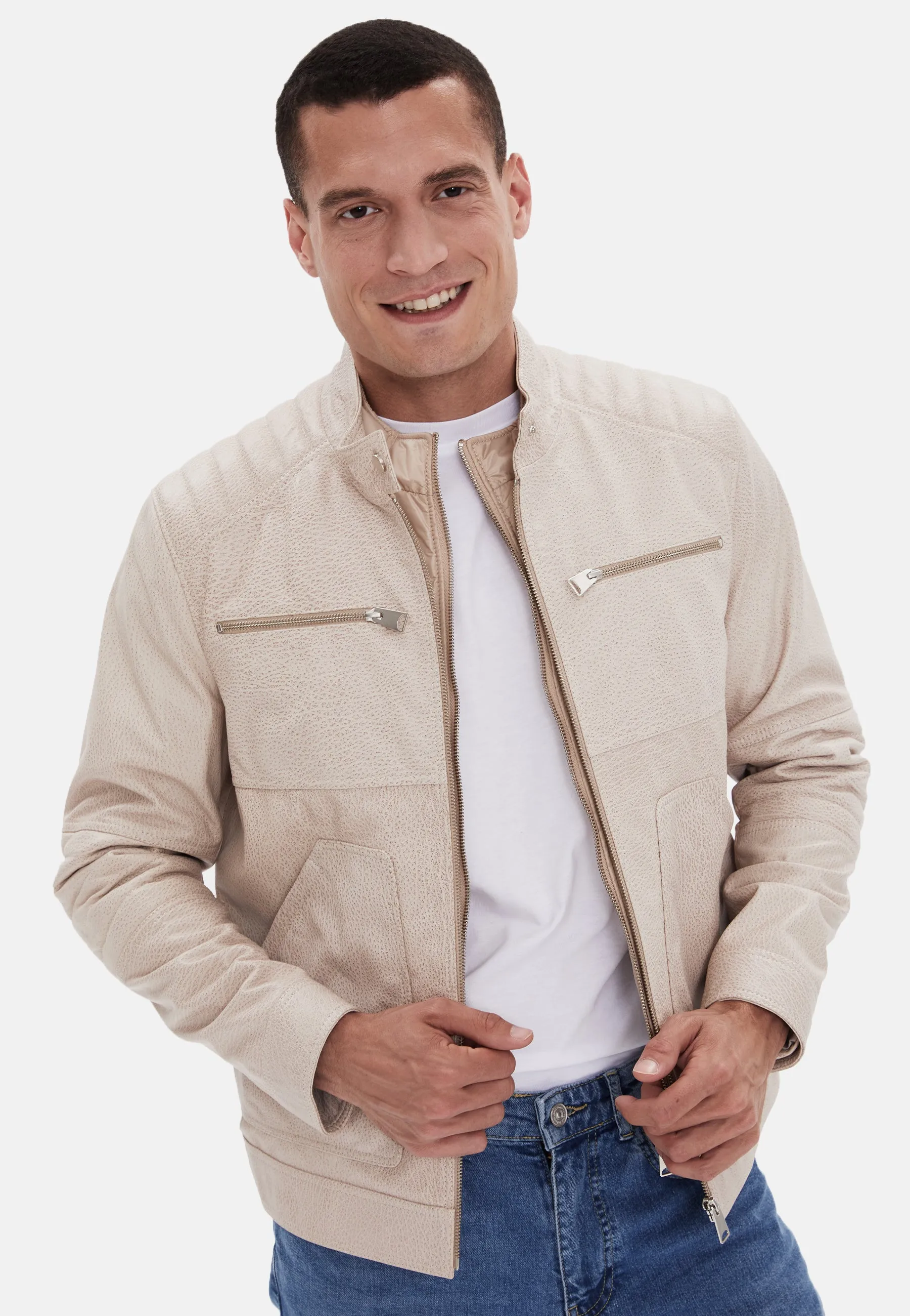 Men's Fashion Leather Jacket, Beige