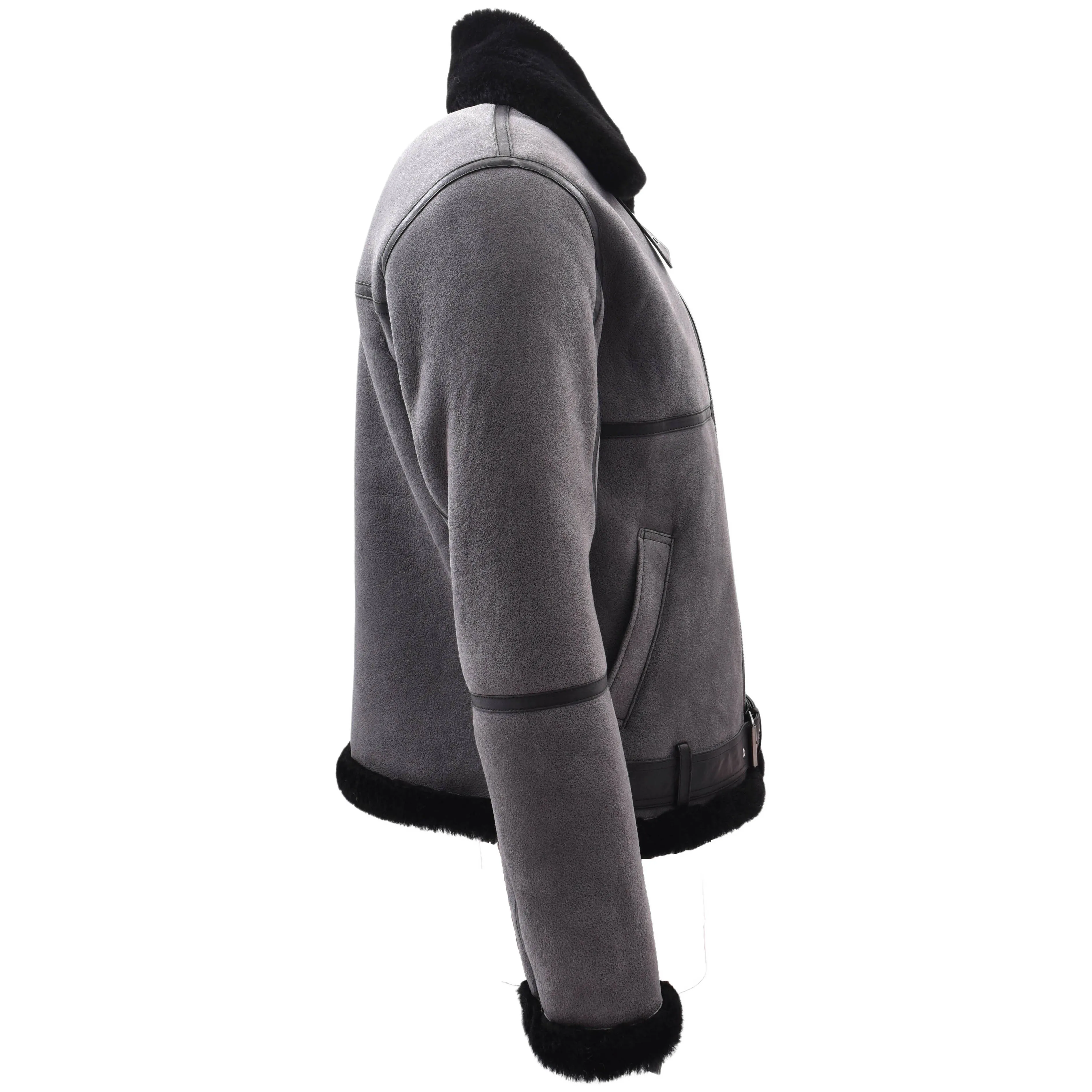 Mens Real Sheepskin Flying Jacket Grey RAF Bomber B3 Aviator Black Shearling Tornado