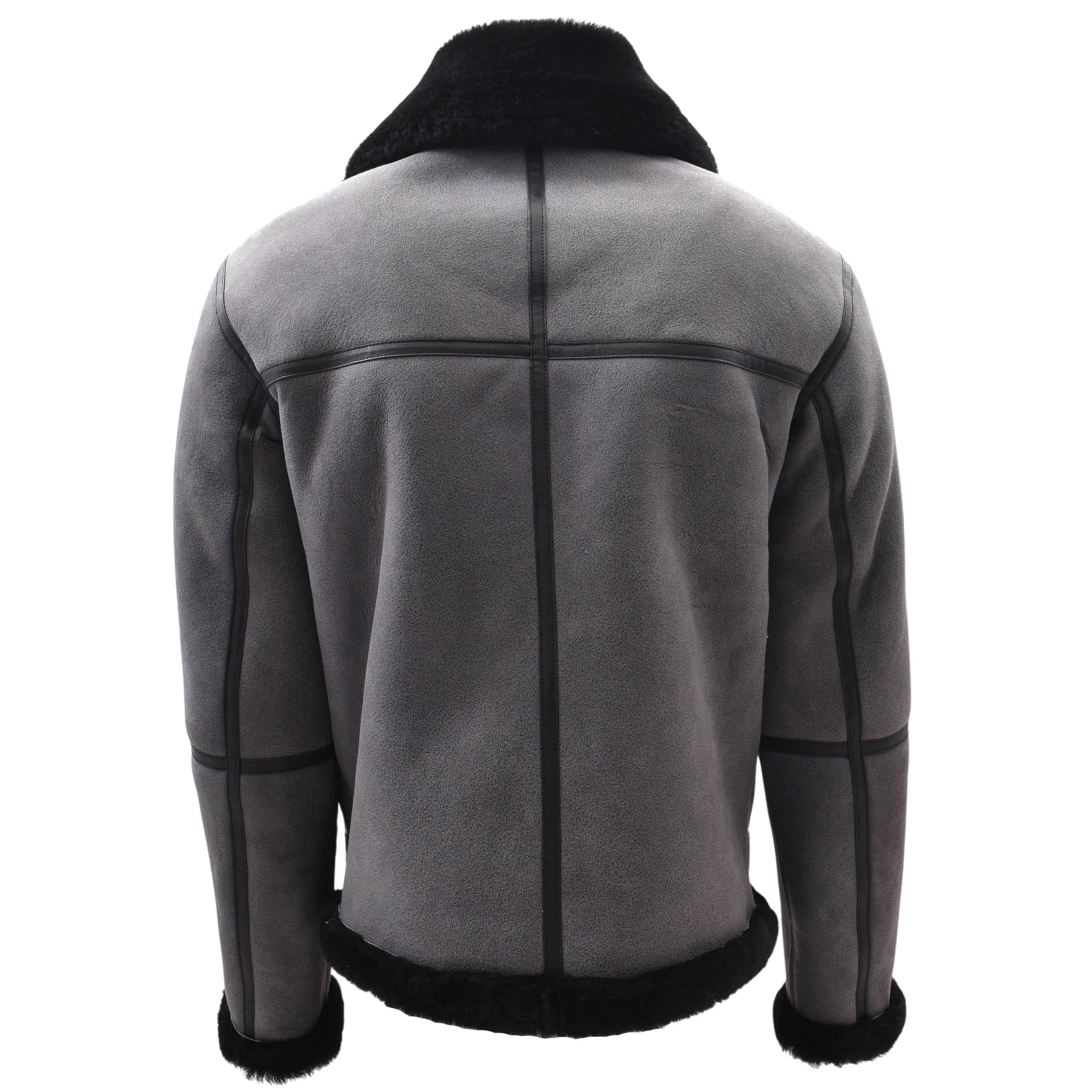 Mens Real Sheepskin Flying Jacket Grey RAF Bomber B3 Aviator Black Shearling Tornado