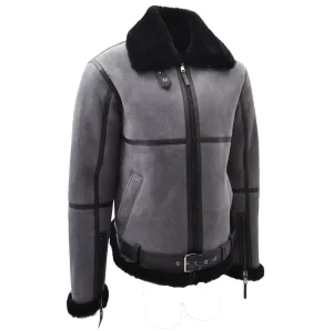 Mens Real Sheepskin Flying Jacket Grey RAF Bomber B3 Aviator Black Shearling Tornado