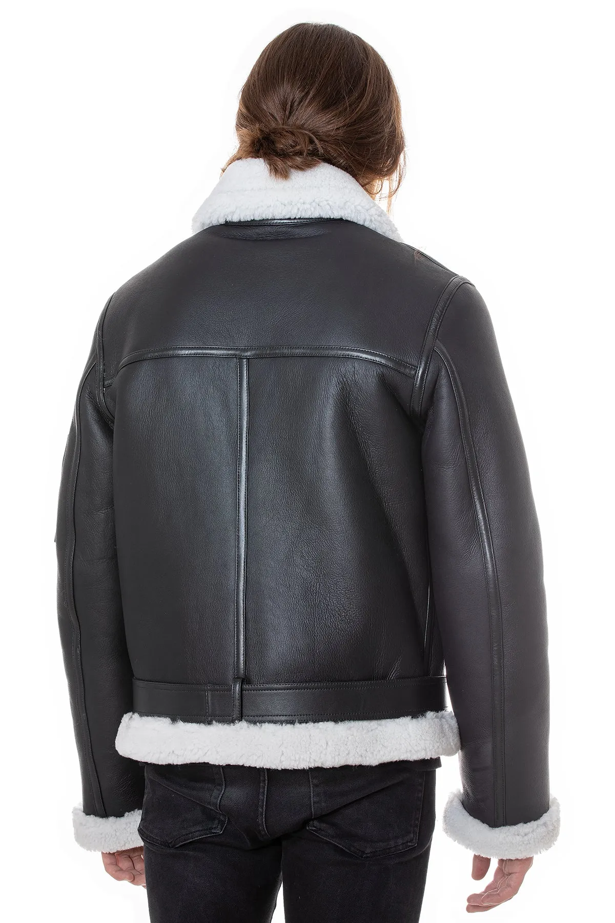 Men's Shearling Belted Pilot Jacket, Silky Black with White Curly Wool