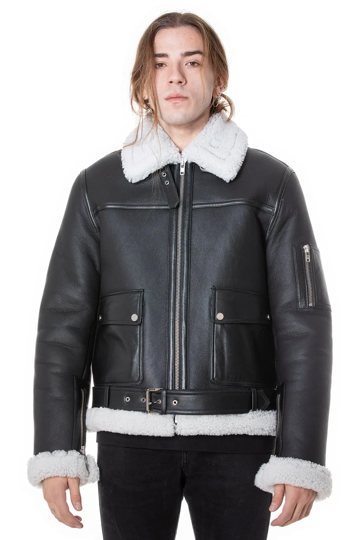 Men's Shearling Belted Pilot Jacket, Silky Black with White Curly Wool