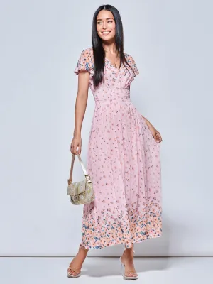 Mirrored Floral Print Mesh Maxi Dress, Pink Multi