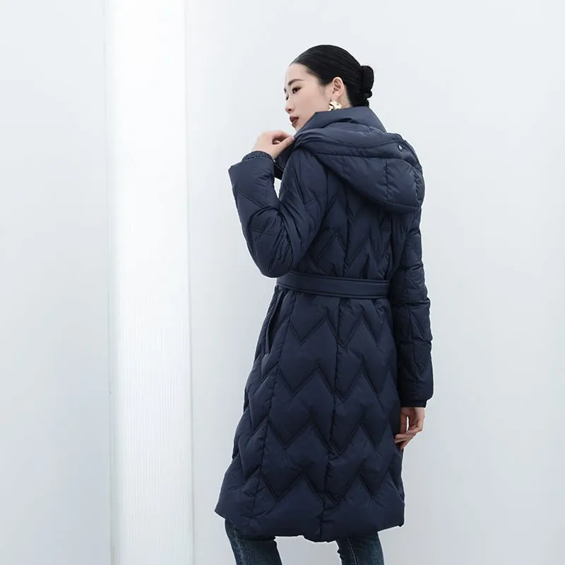 Navy Blue High Waist Long Goose Winter Down Jacket