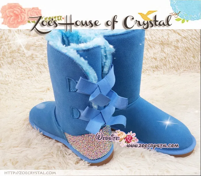 NEW STYLE -  Bling and Sparkly Blue SheepSkin Wool BOOTS w shinning Czech or Swarovski Crystals