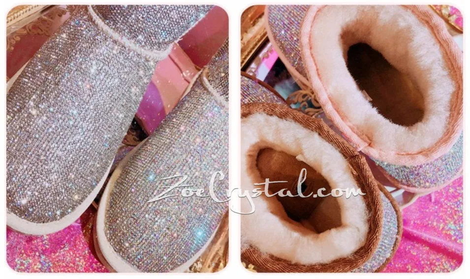 New**Super Bling and Sparkly Short SheepSkin Wool BOOTS w shinning Czech crystals