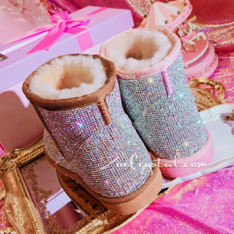 New**Super Bling and Sparkly Short SheepSkin Wool BOOTS w shinning Czech crystals