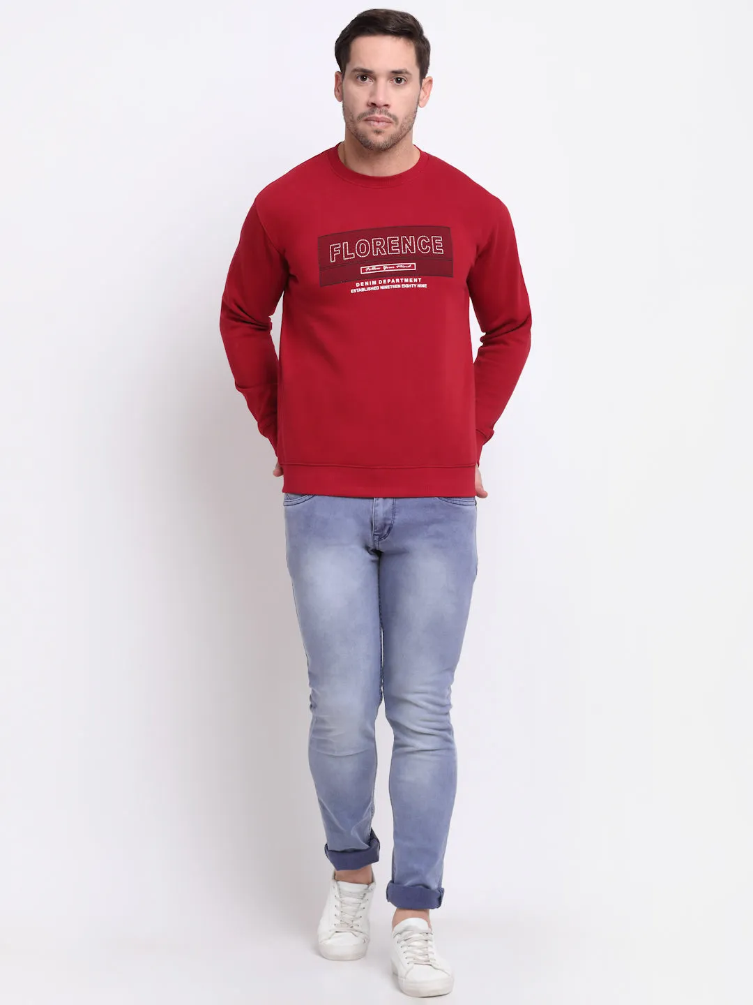 Printed Maroon Full Sleeves Round Neck Regular Fit Casual Sweatshirt for Men