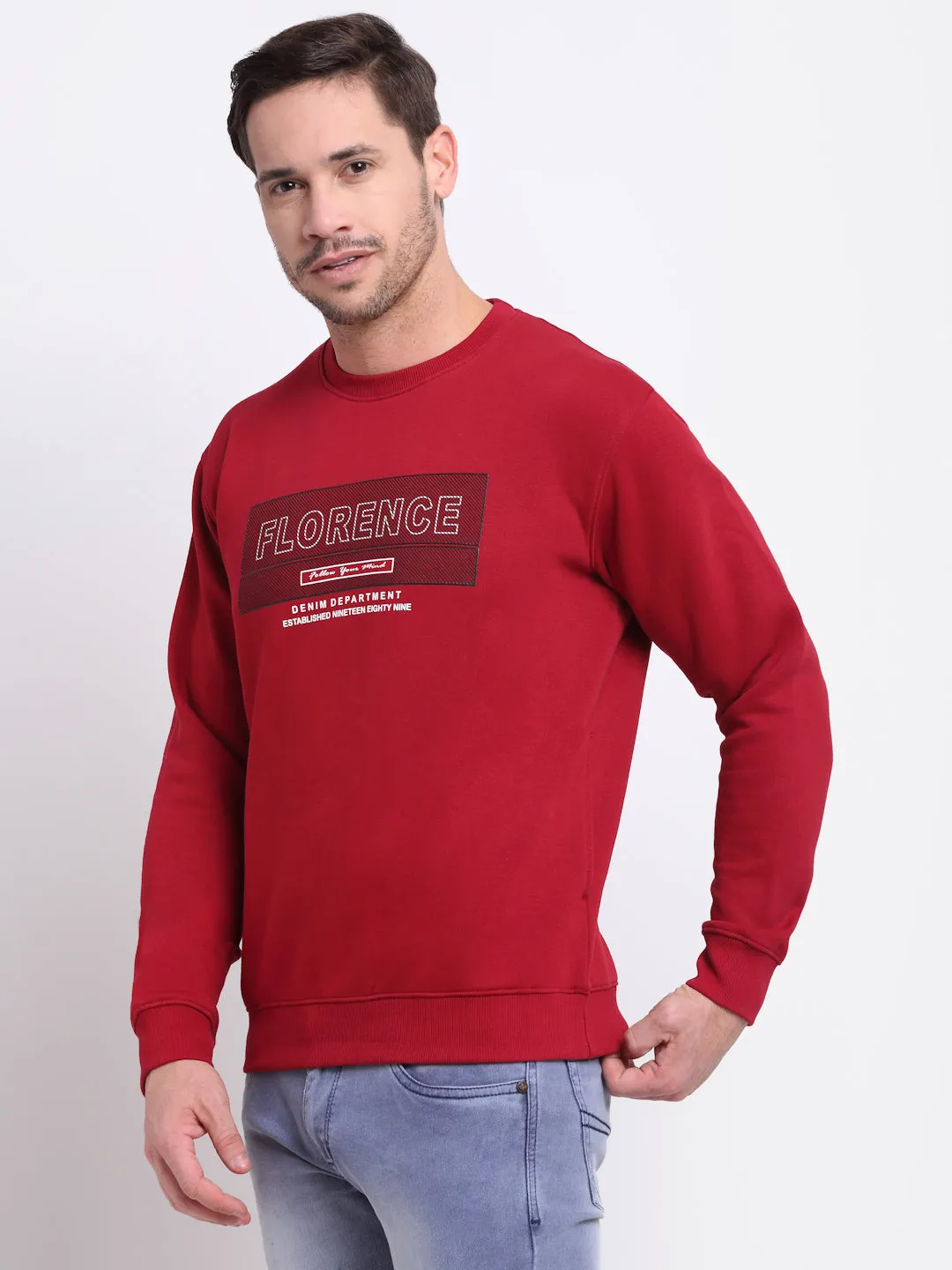 Printed Maroon Full Sleeves Round Neck Regular Fit Casual Sweatshirt for Men