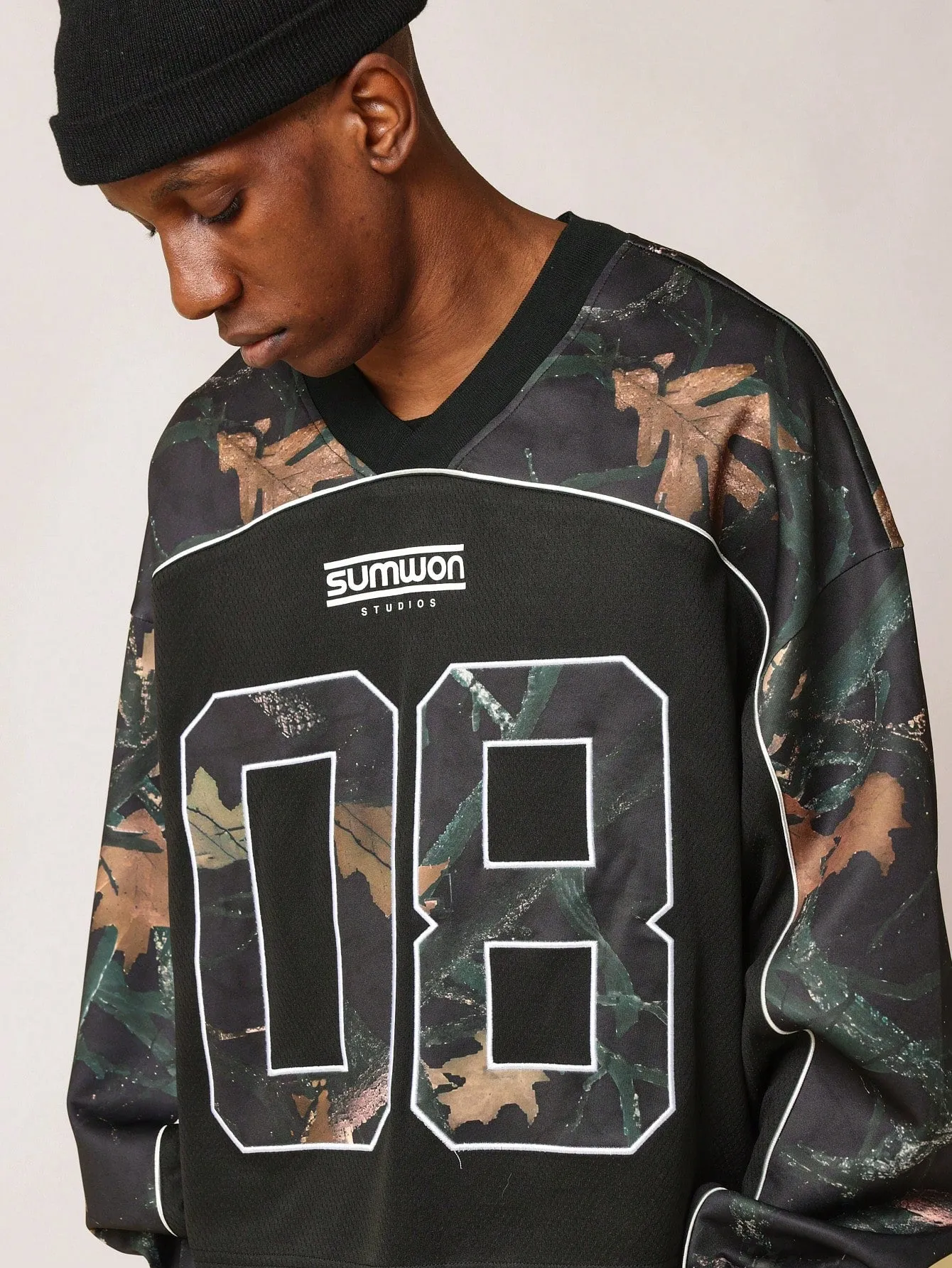 Regular Fit V-Neck Camouflage Printed Jersey Sweatshirt