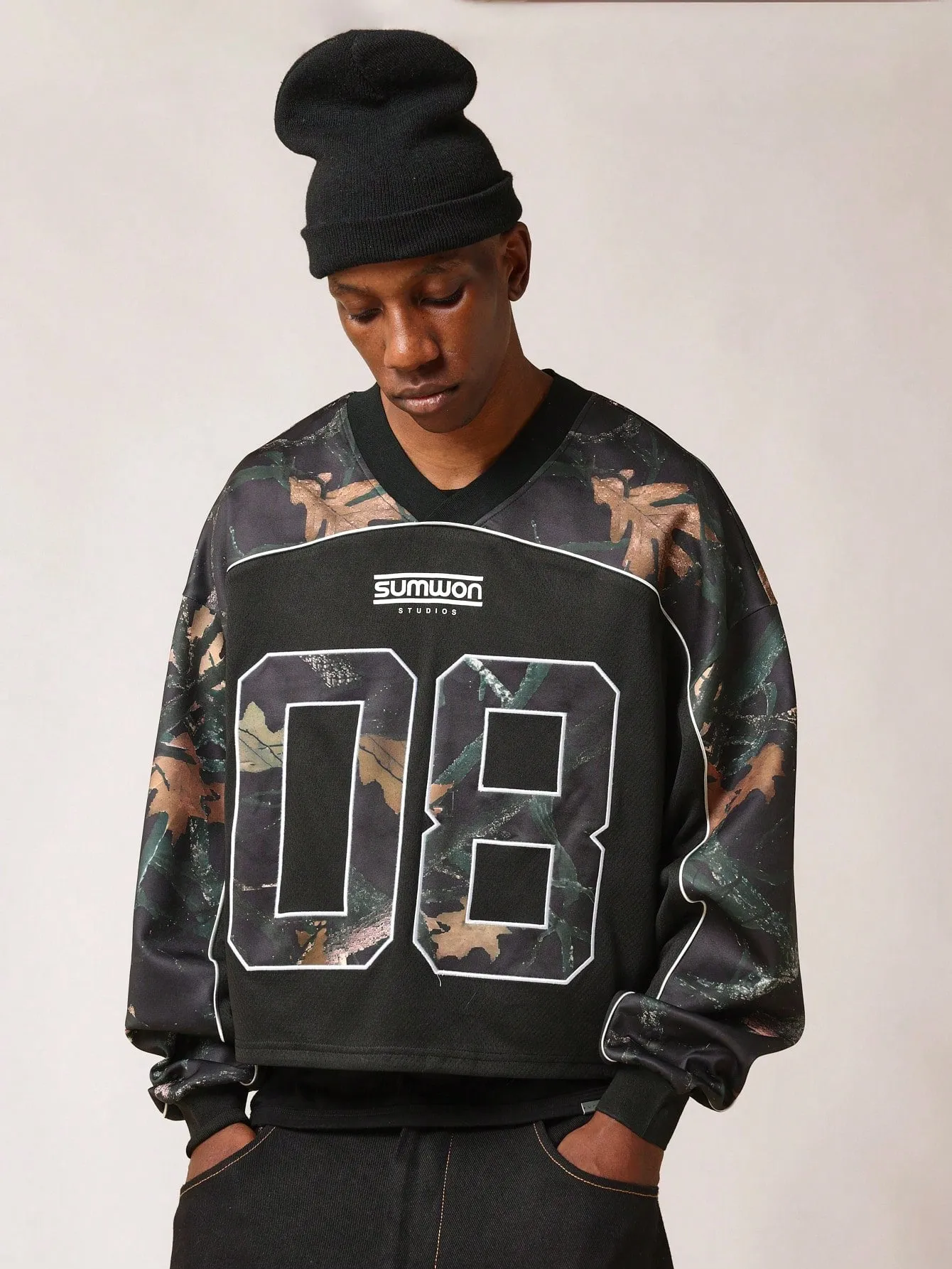 Regular Fit V-Neck Camouflage Printed Jersey Sweatshirt