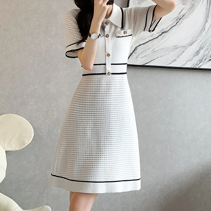 Short-Sleeved Button Elegant Ice Silk Knitted Dress