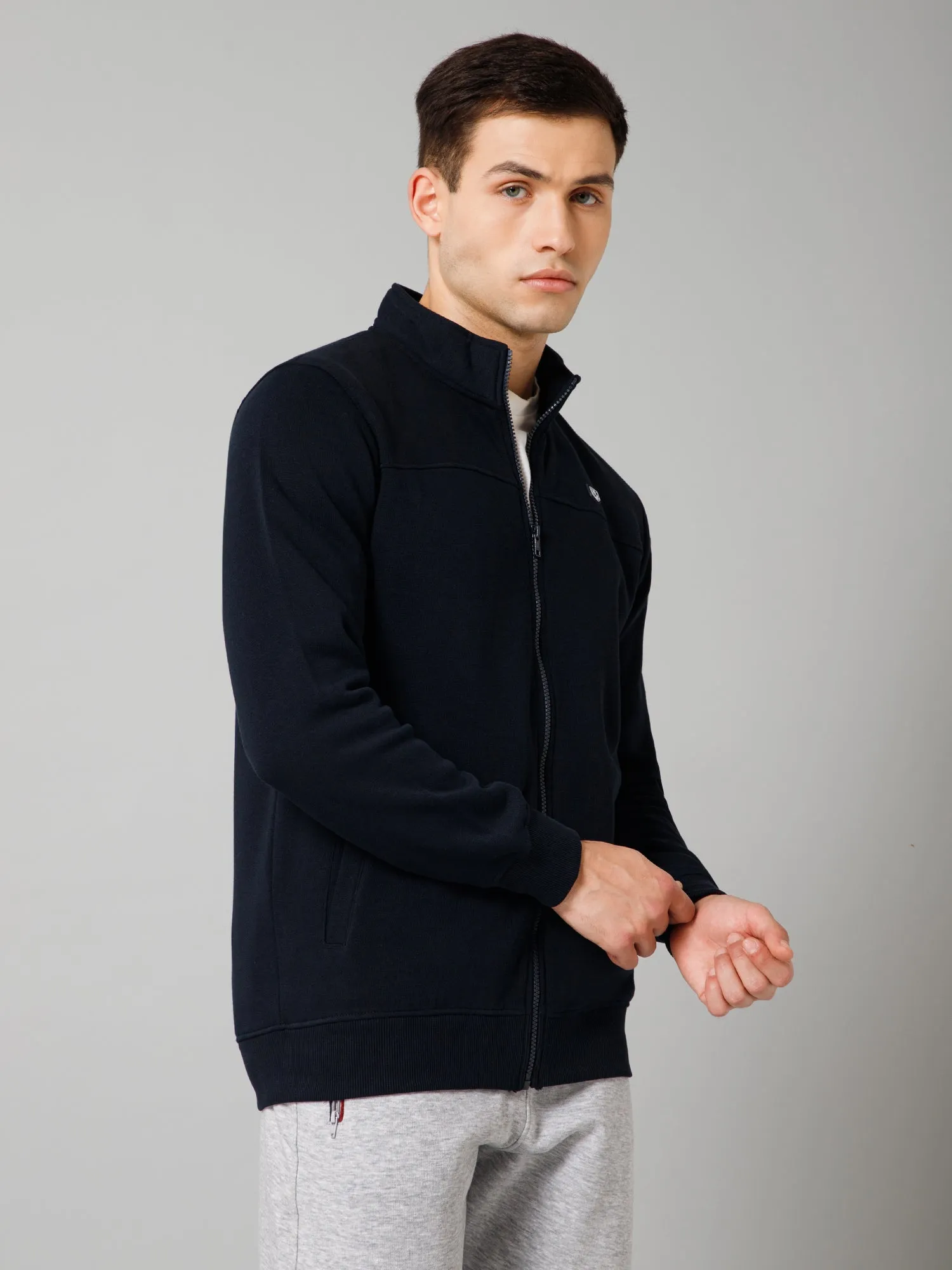 Solid Navy Blue Full Sleeves Mock Collar Regular Fit Casual Sweatshirt For Men