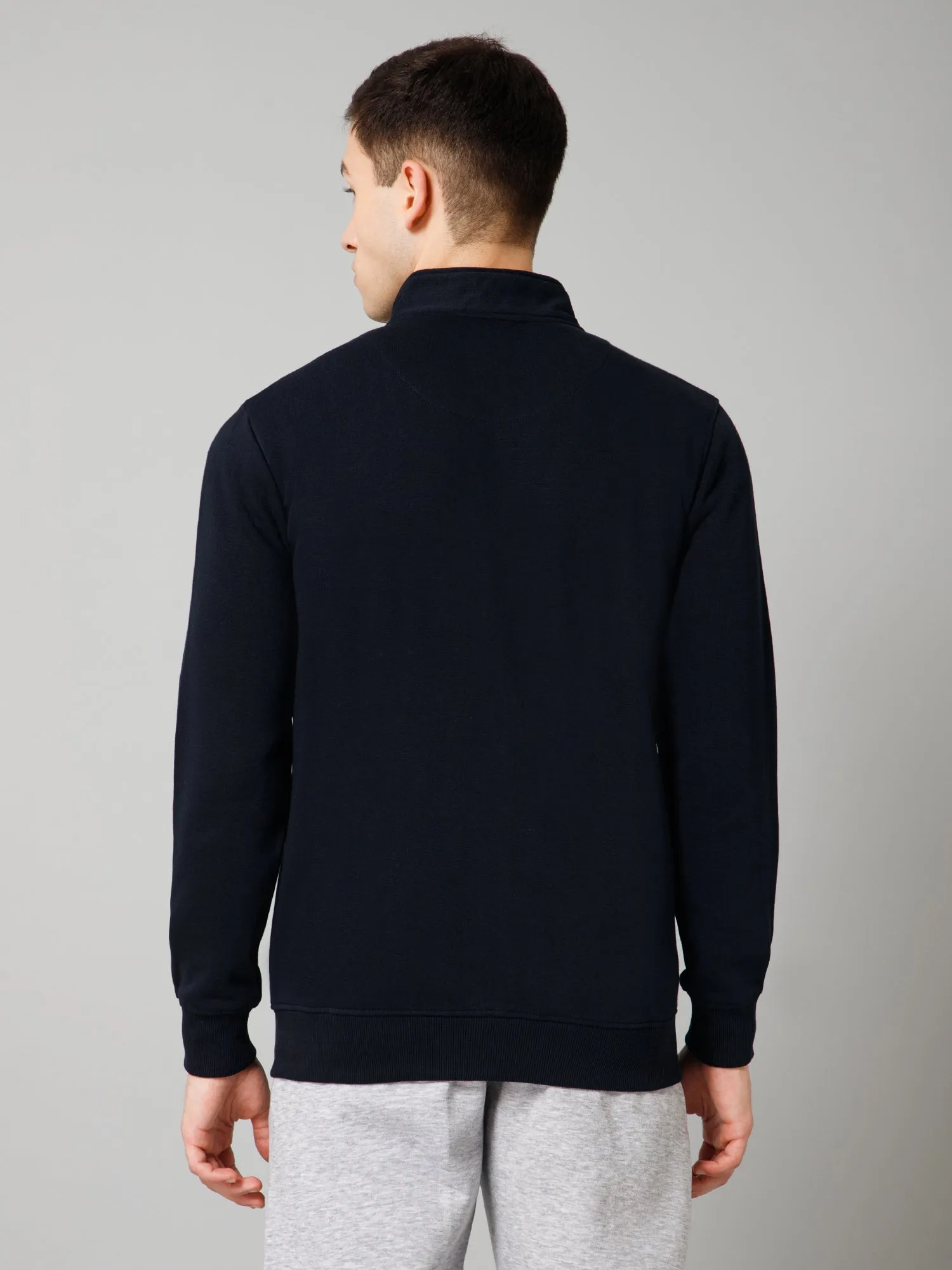 Solid Navy Blue Full Sleeves Mock Collar Regular Fit Casual Sweatshirt For Men