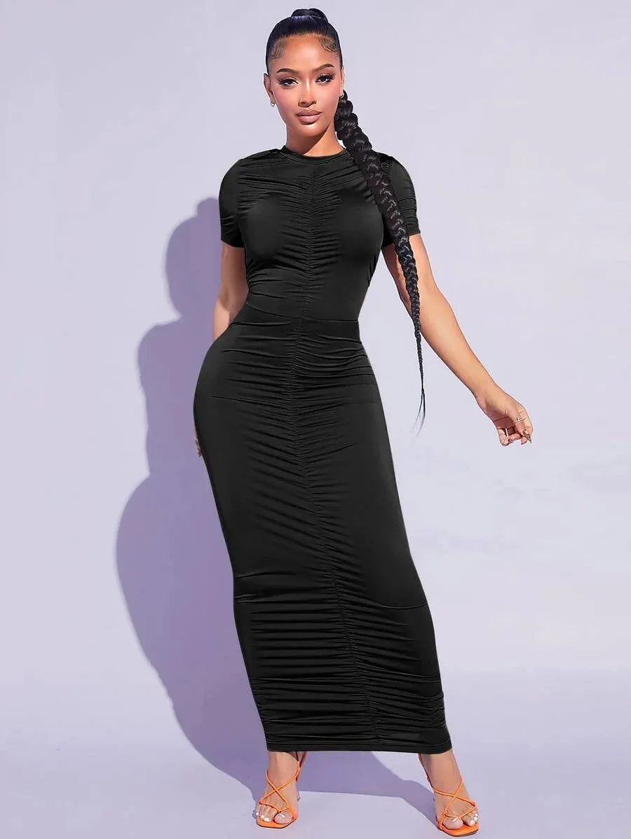 Solid Ruched Bodycon Dress in black